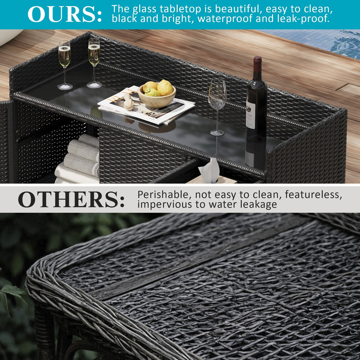 K&K 47.5"W Wicker Outdoor Storage Cabinet with Tempered Glass Top