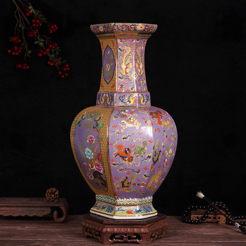 Hexagonal Enamel Porcelain Vase With Design Of Flowers And Birds