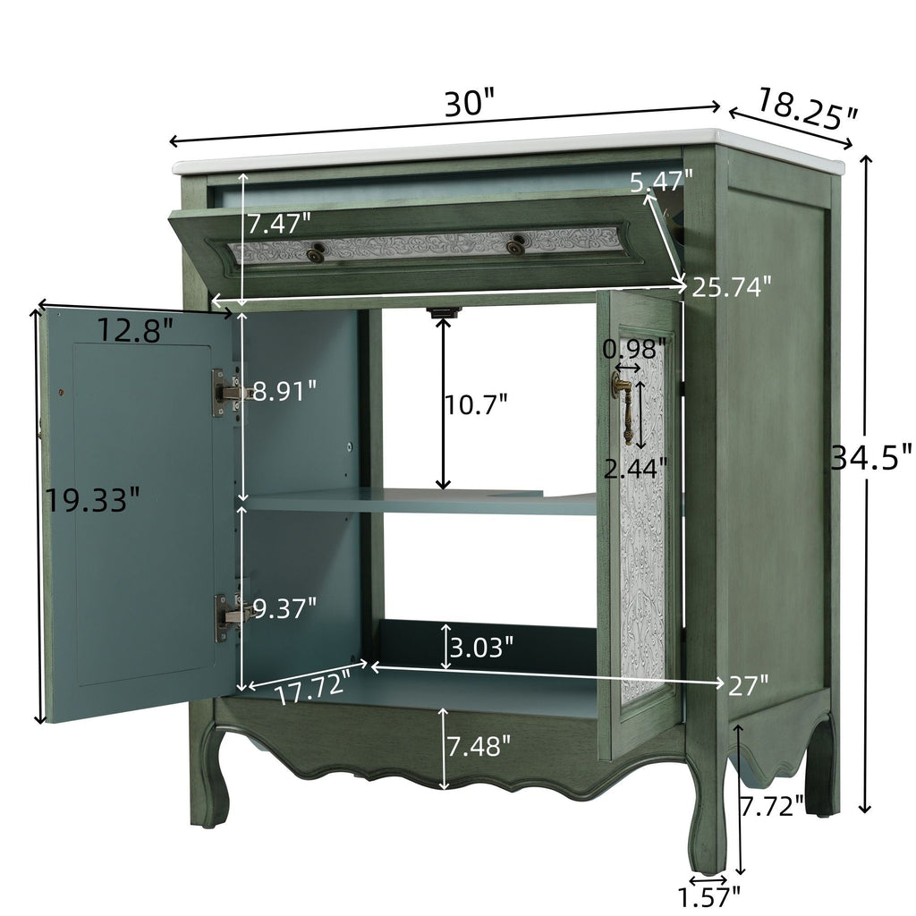 Bathroom Vanity With Rectangle Sink And Tip Out Tray - Antique Blue Green