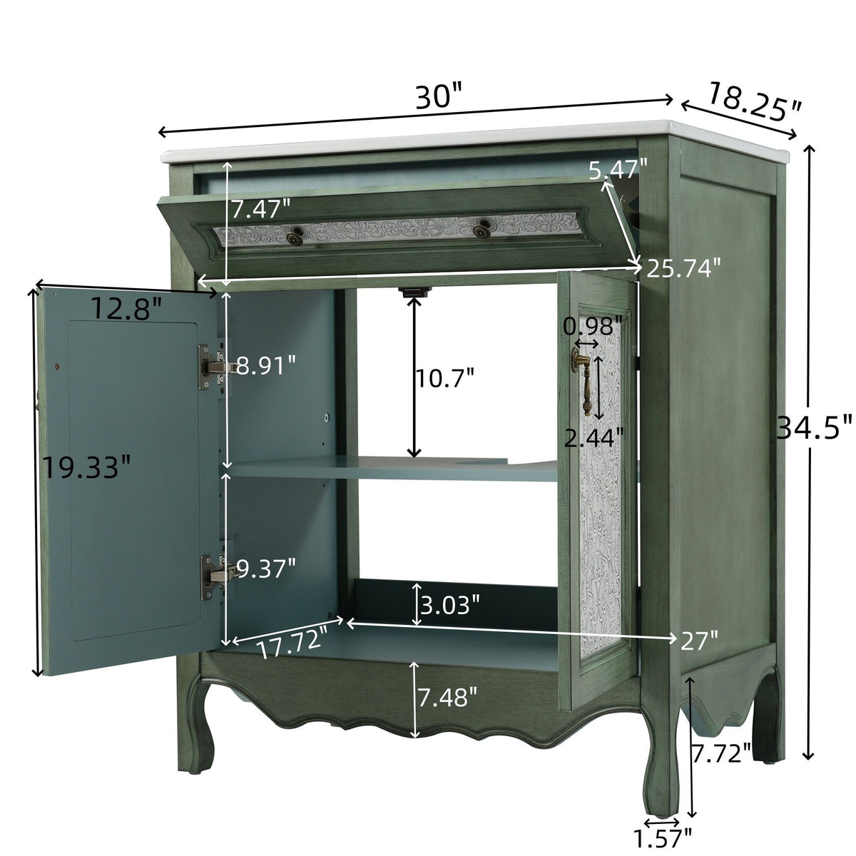 Bathroom Vanity With Rectangle Sink And Tip Out Tray - Antique Blue Green
