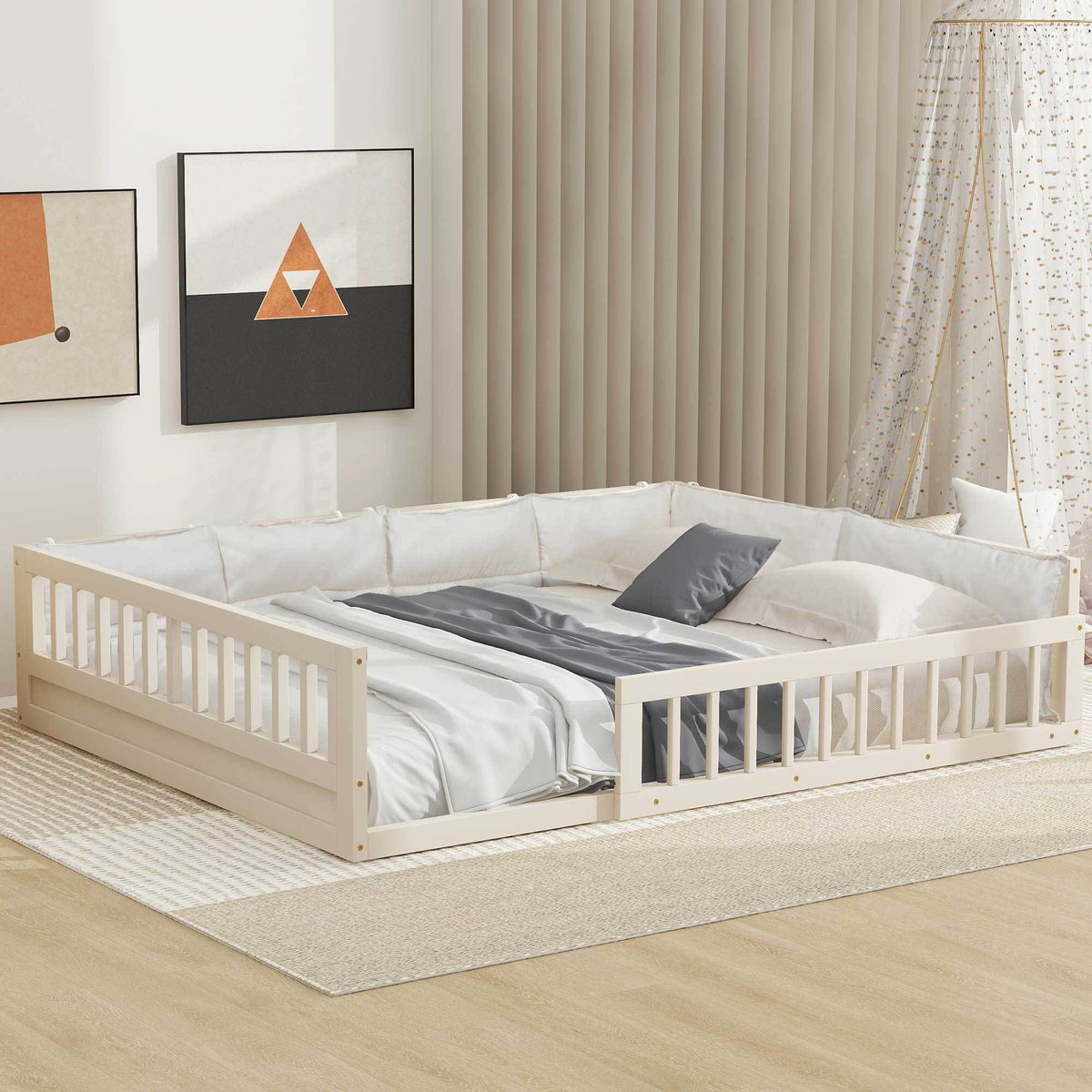 Wood Full Size Upholstered Platform Bed with Guardrail and Pillow