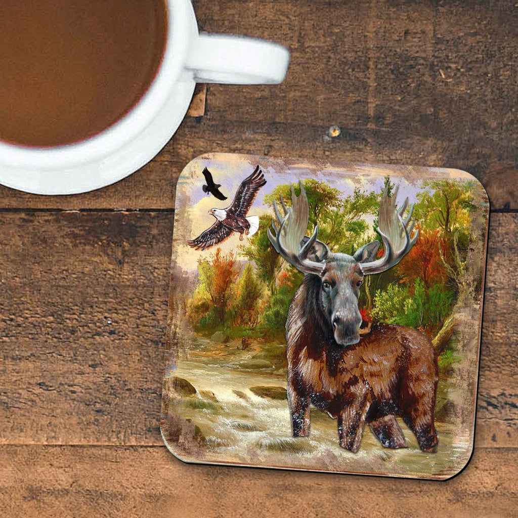 Moose Wooden Cork Coasters Gift Set of 4 by Nature Wonders - Nature Wildlife Decor  - 95216-2C-S4