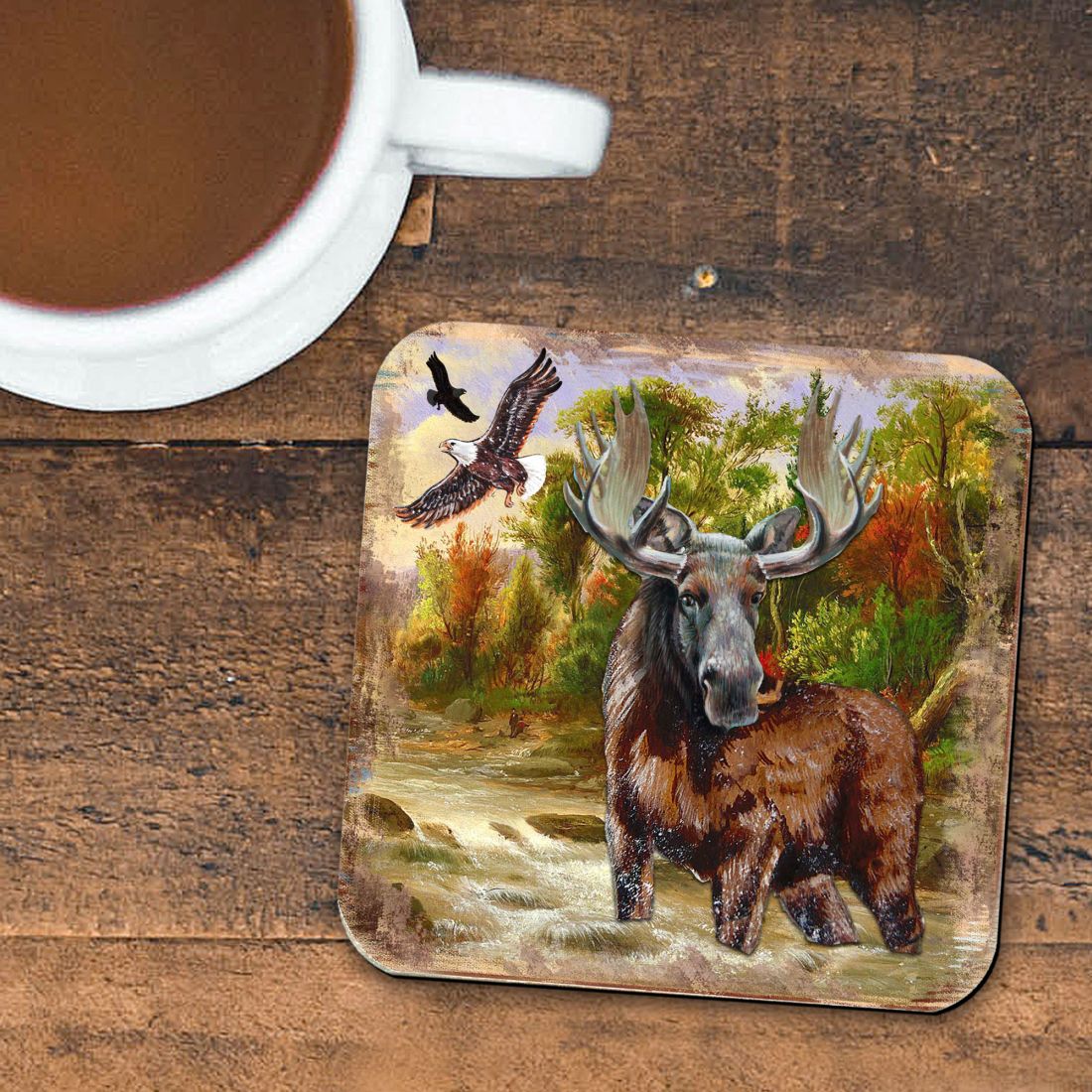 Moose Wooden Cork Coasters Gift Set of 4 by Nature Wonders - Nature Wildlife Decor  - 95216-2C-S4