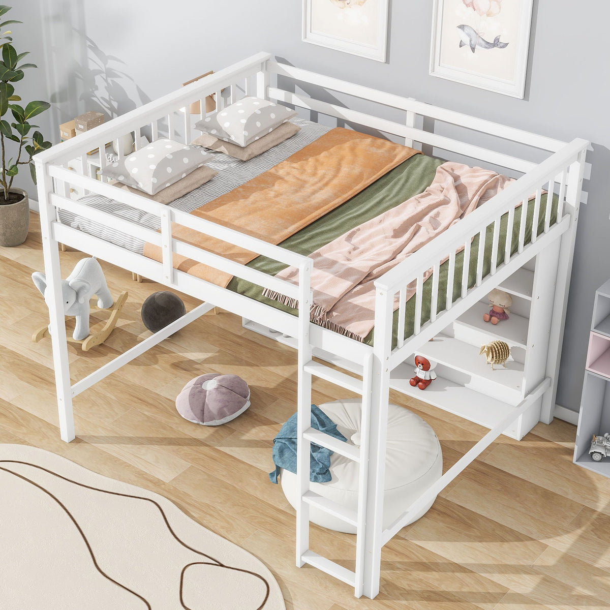 Loft Bed With 8 Open Storage Shelves And Built In Ladder
