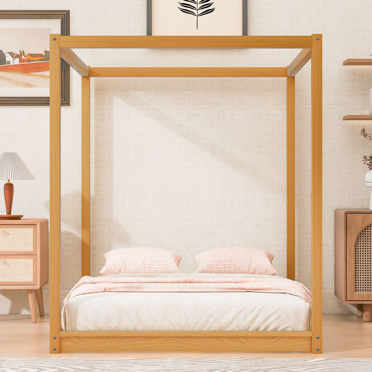 Wood Canopy Platform Bed With Support Legs And Airflow Slats