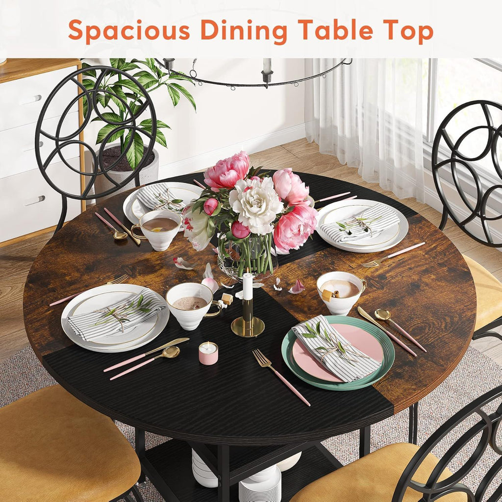Round Dining Table For 4 With Storage Shelf - Brown / Black