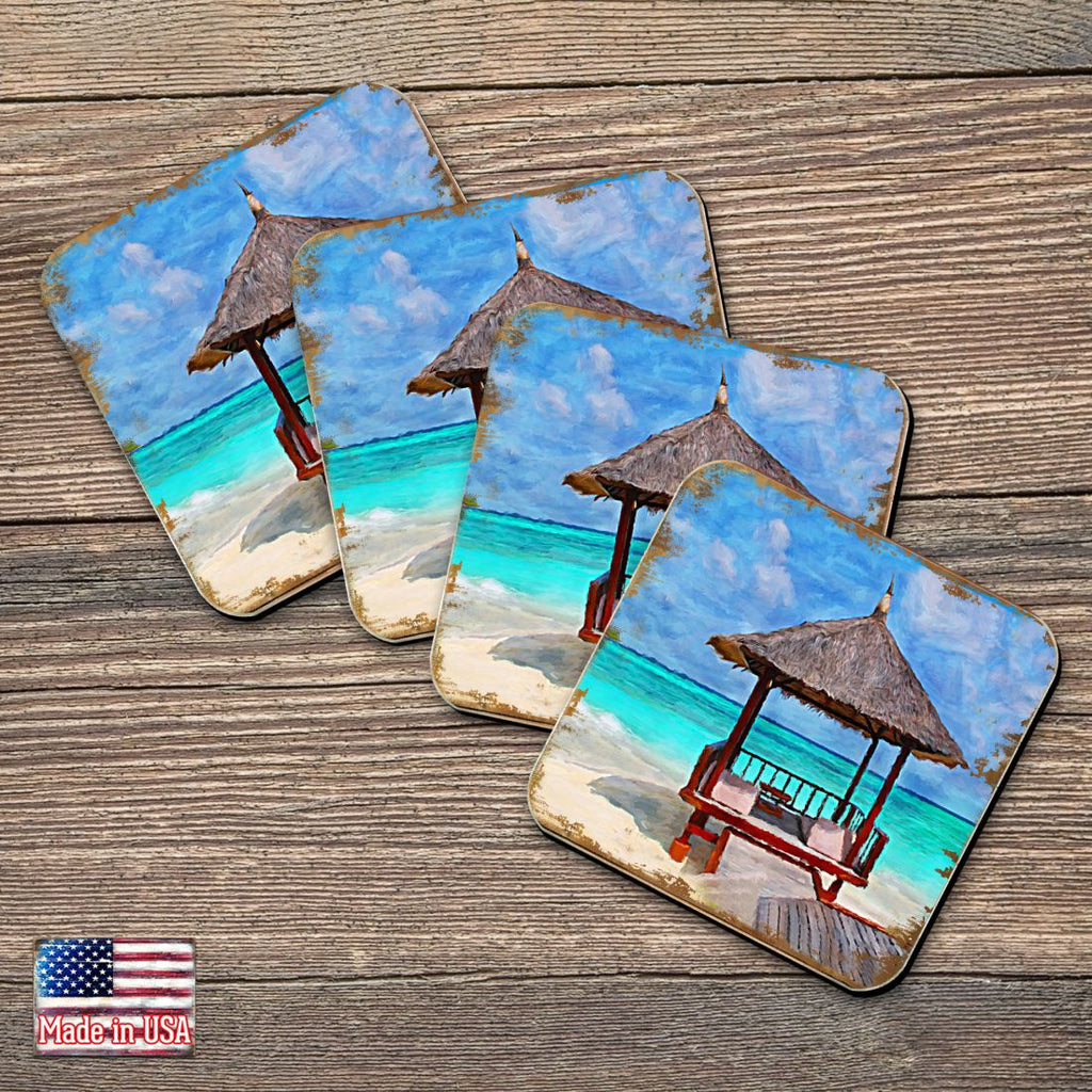 Beach Cabana Coastal Wooden Cork Coasters Gift Set of 4 by Nature Wonders - Coastal Sea-Life Decor - 95270C-S4