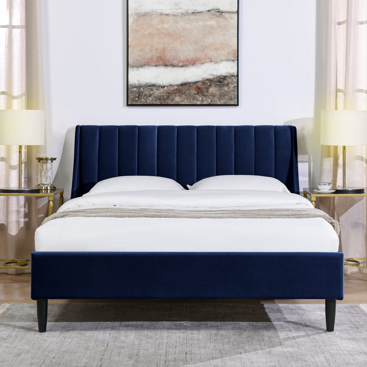 Aspen Vertical Tufted Headboard Platform Bed Set, Queen, Navy Blue Velvet