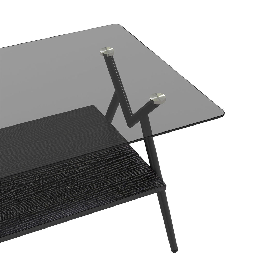Rectangle Coffee Table With Tempered Glass Top And Shelf, Modern Table For Living Room