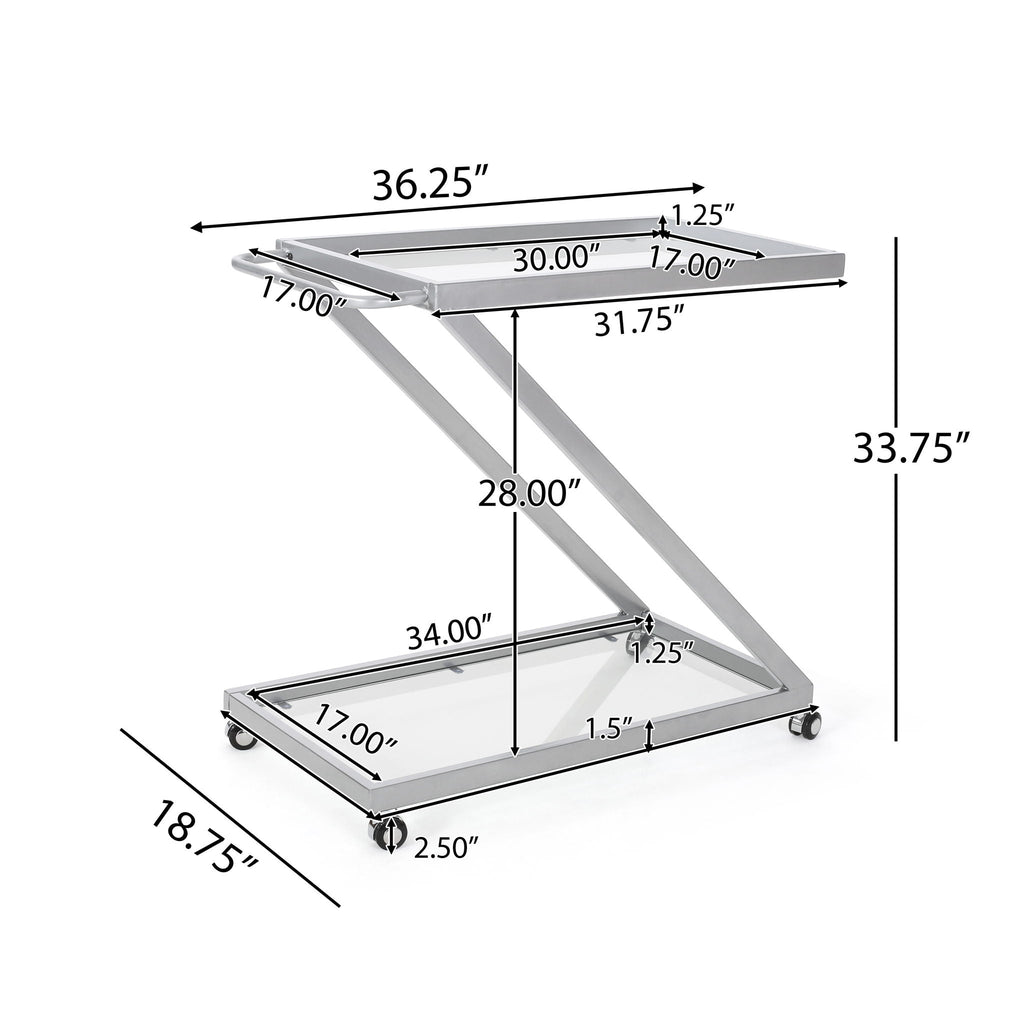 Modern Z Shaped Bar Cart With Tempered Glass Shelves - Silver