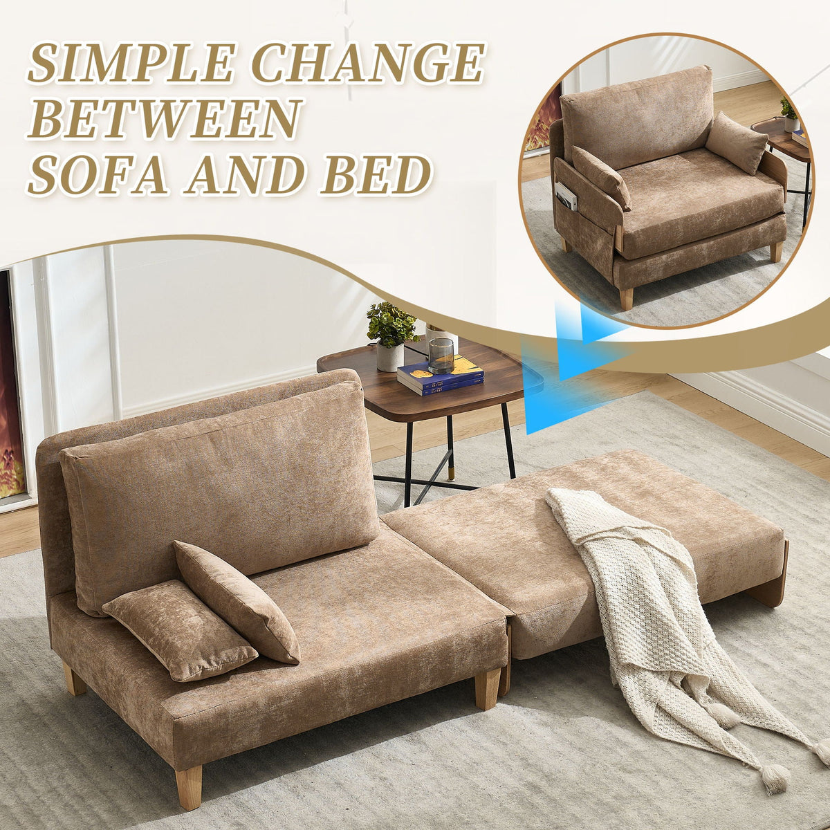 Mid Century Modern Foldable Sofa Bed, 3 In 1 Convertible Sleeper With 3 Pillows