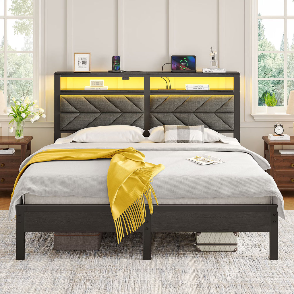 Full LED Bed Frame with Headboard Storage - Charging Station, Dark Gray