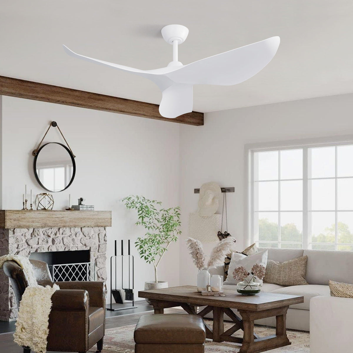 Ceiling Fan Without Light, DC Motor Remote Control Fan For Indoor / Outdoor Use - White