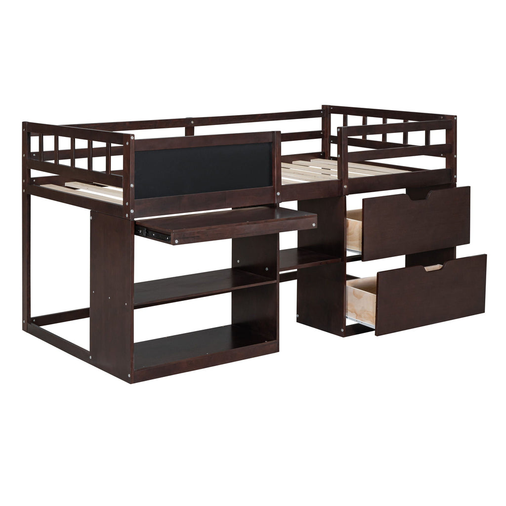 Low Loft Bed With Rolling Desk, Shelf And Drawers