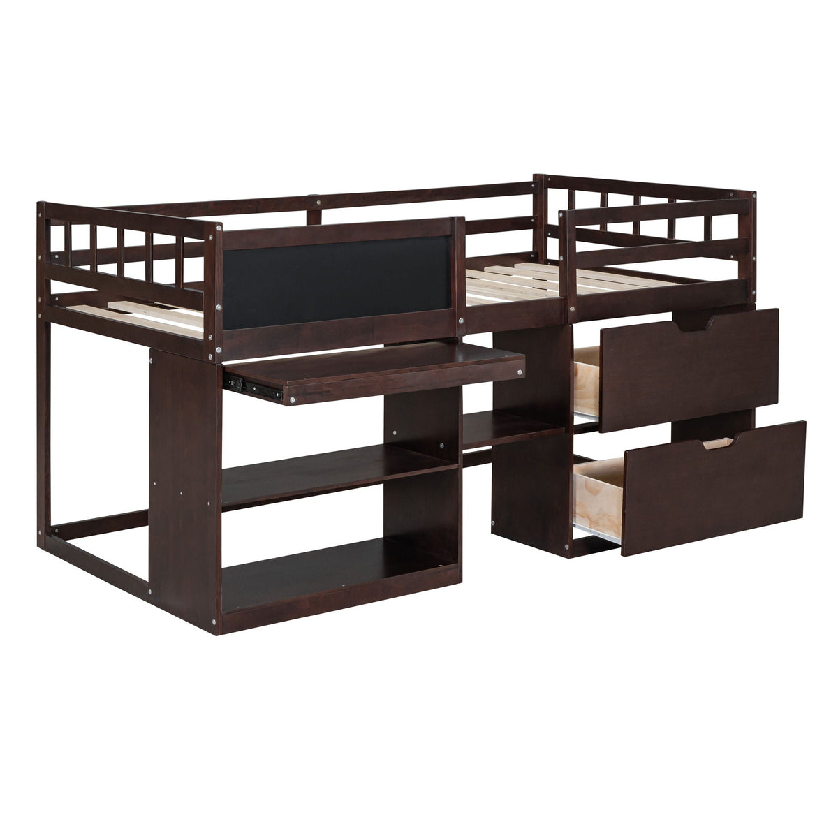 Low Loft Bed With Rolling Desk, Shelf And Drawers