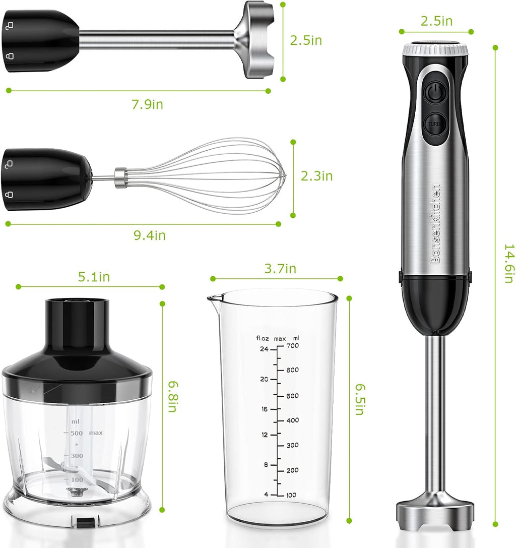 Powerful 4-in-1 Immersion Blender with 20 Speeds, Turbo Function, and Stainless Steel Attachments for Effortless Mixing, Chopping, and Whisking