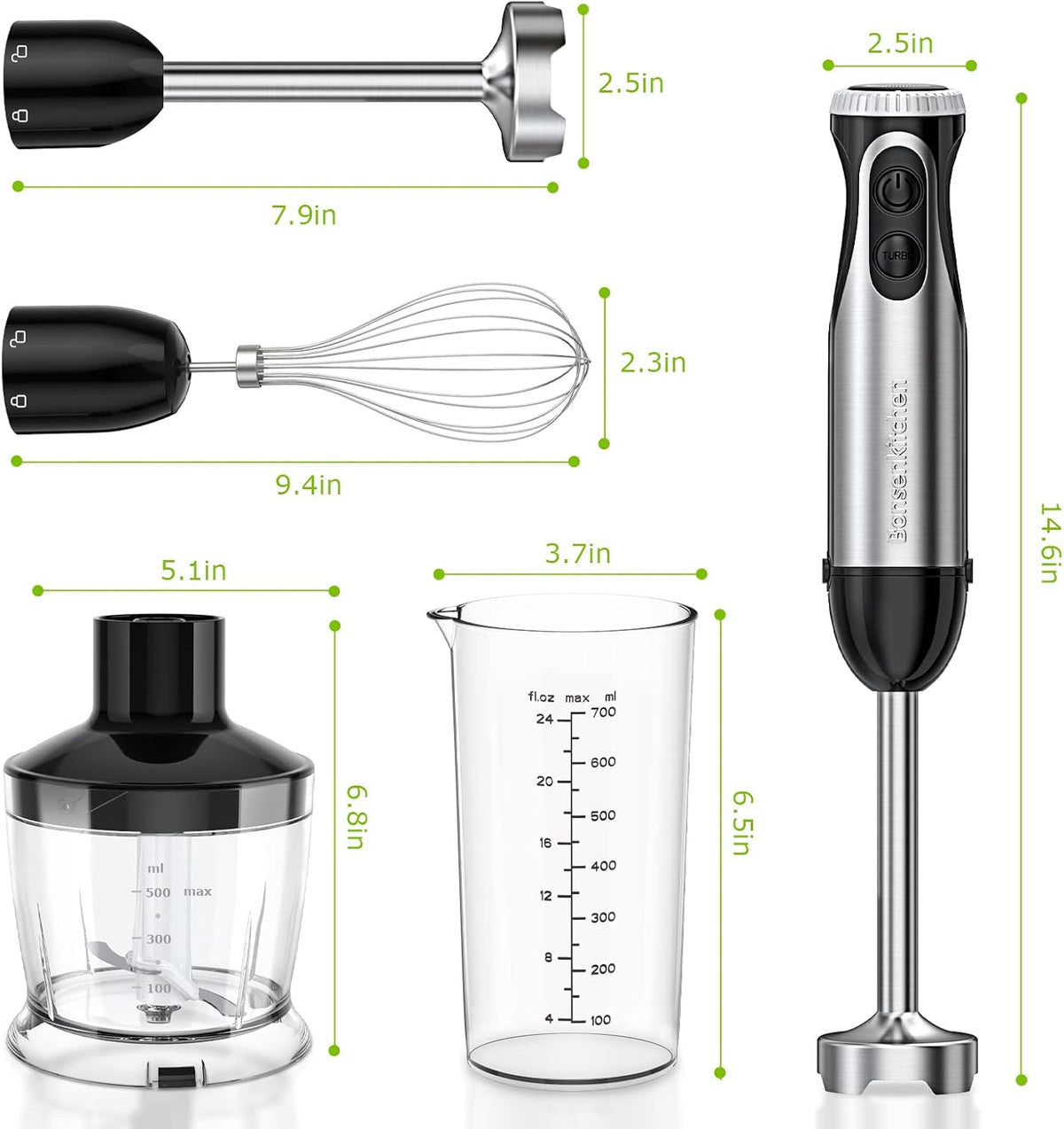 Powerful 4-in-1 Immersion Blender with 20 Speeds, Turbo Function, and Stainless Steel Attachments for Effortless Mixing, Chopping, and Whisking