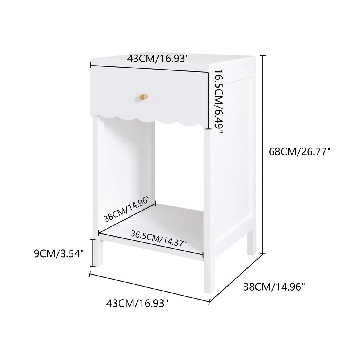 Nightstand With Drawer And Open Shelf, Scalloped Edge Bedside Table