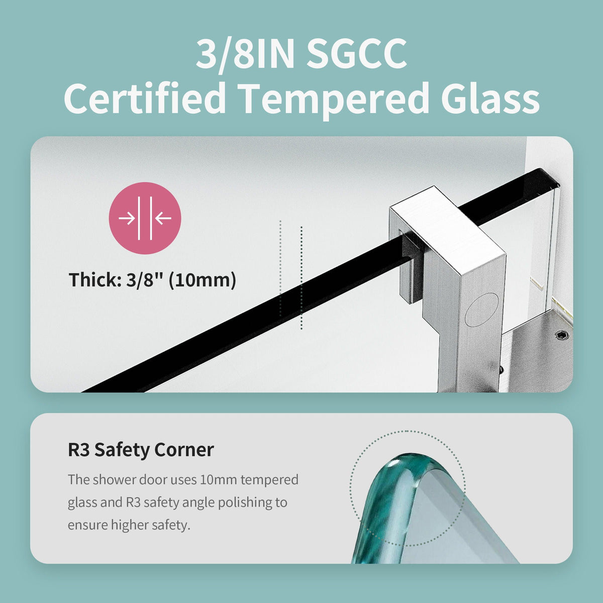 Frameless Single Sliding Soft Close Shower Doors, 3 / 8" Tempered Glass Reversible Installatio