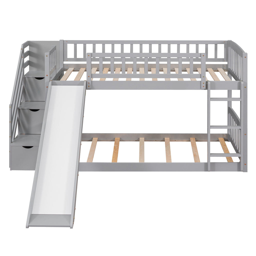 Twin Over Twin Bunk Stairway Bed With 2 Drawers And Slide - Gray