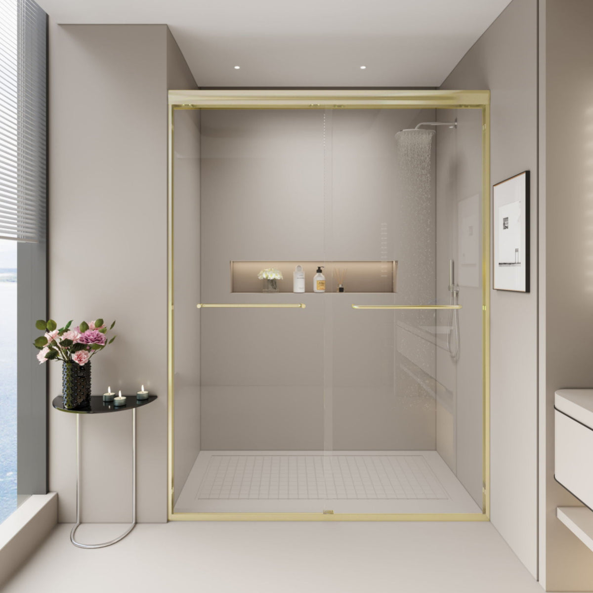 Double Sliding Shower Door, Semi-Frameless Bypass Bathroom Sliding Door With 1/4" (6 Mm) Tempered Glass For Walk-In Shower