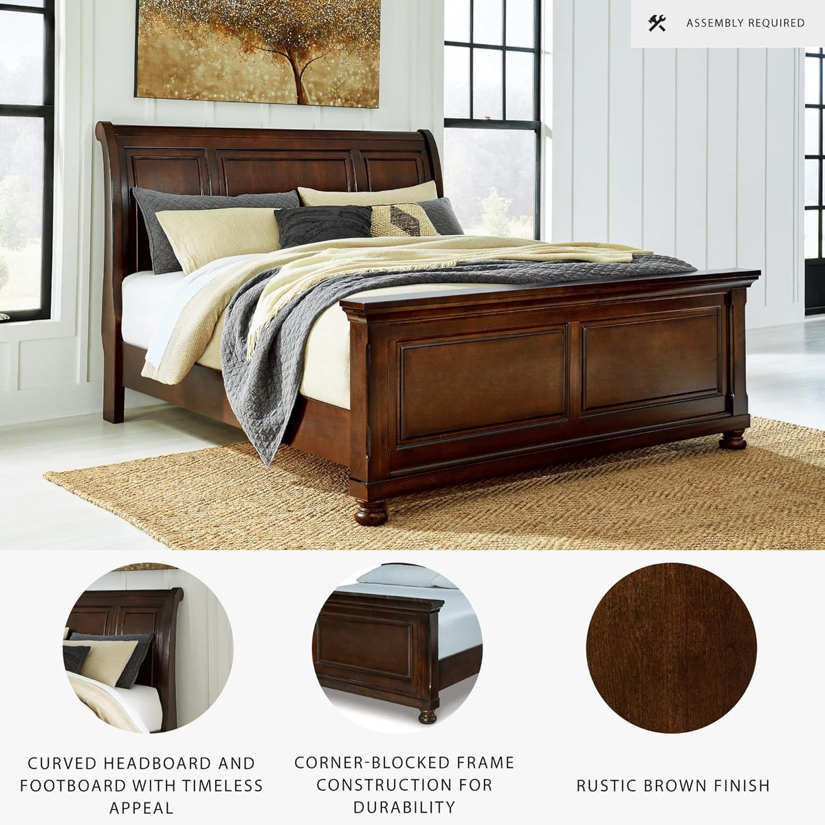 Signature Design by Ashley Porter Traditional King Sleigh Bed with Bun Feet, Foundation or Box Spring Needed, Dark Brown