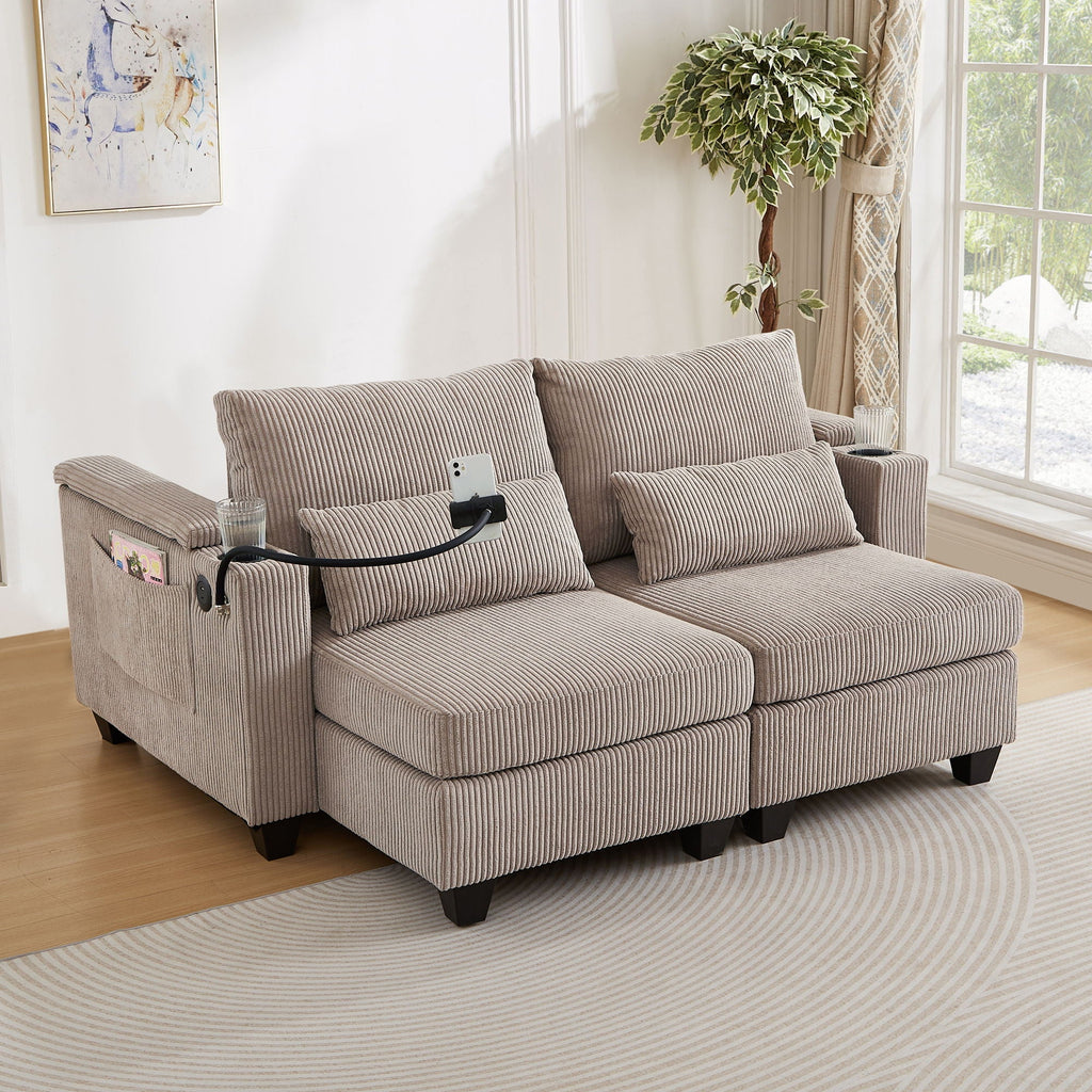 Convertible Chaise Lounge Sofa Chair With USB Ports, Cup Holders, Phone Holder And Storage