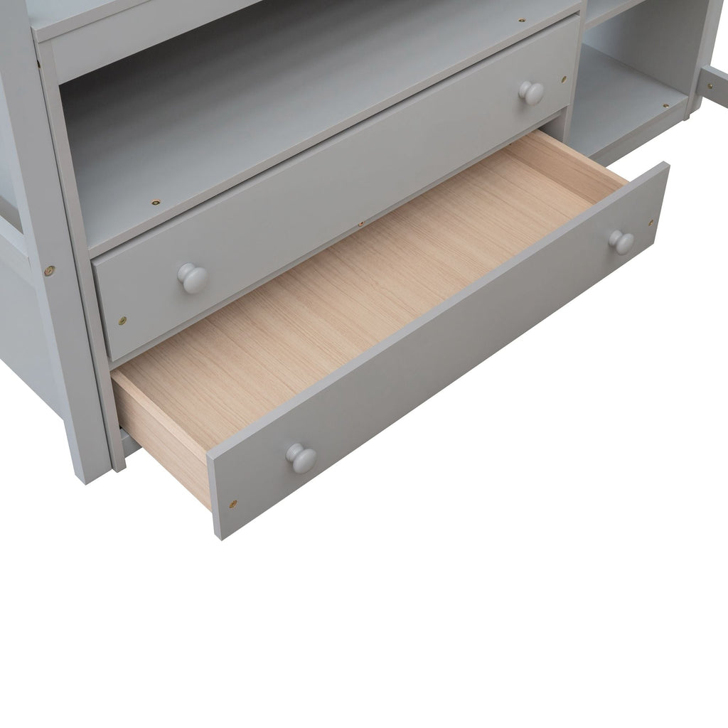 Modern Loft Bed With Built In Desk, Shelves, And 2 Drawers