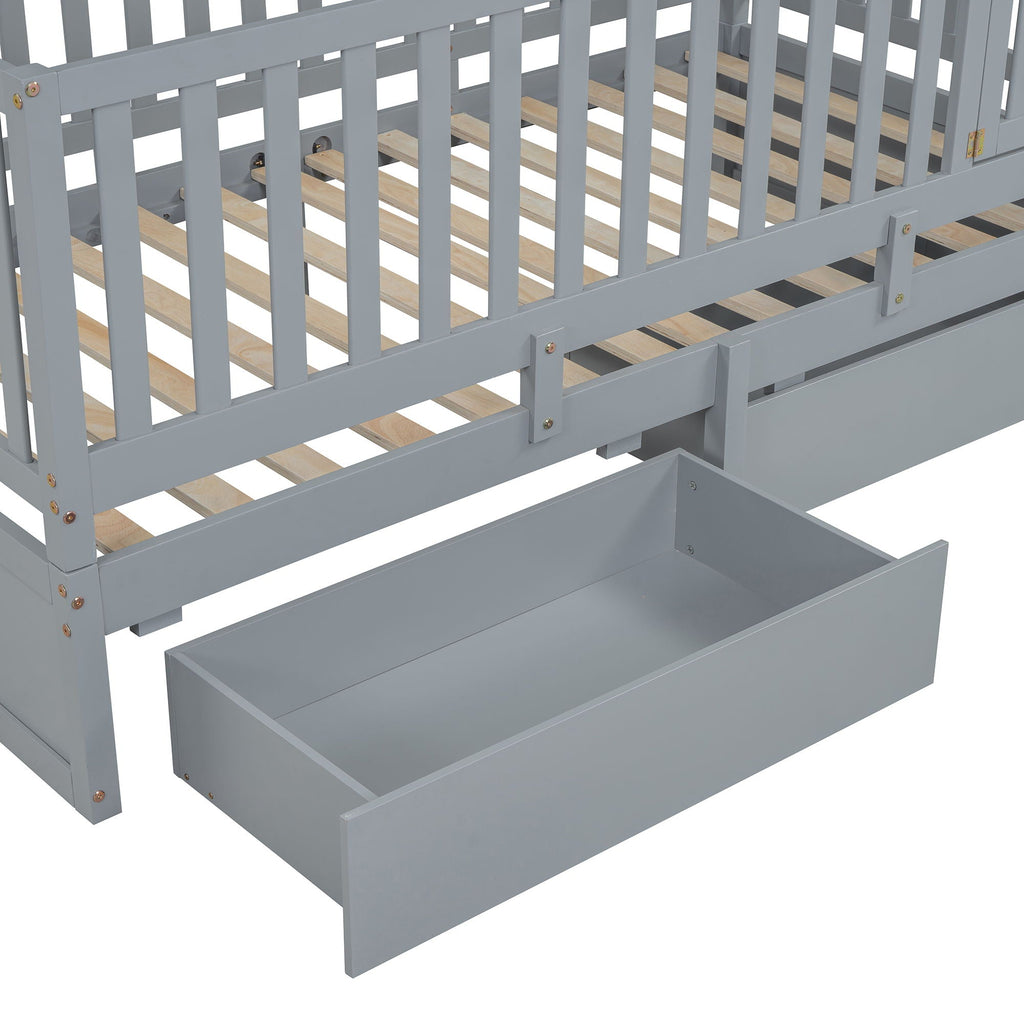 Daybed With Fence Guardrails And 2 Drawers, Split Into Independent Floor Bed & Daybed