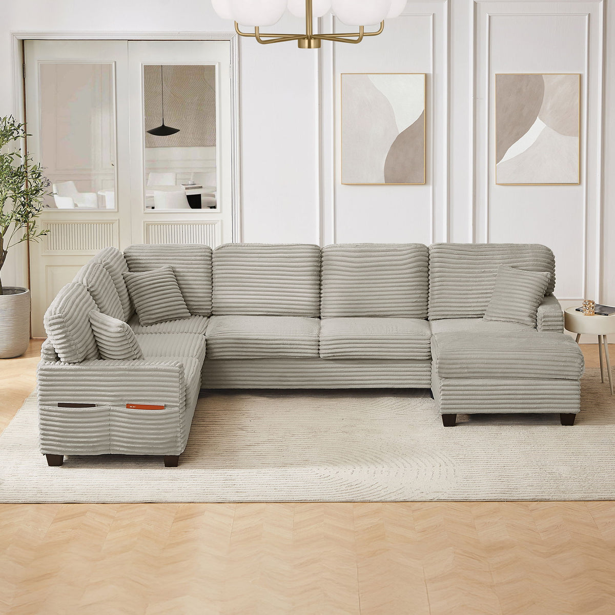 Upholstered U-Shaped Sectional Sofa With Movable Ottoman And Side Storage Pockets