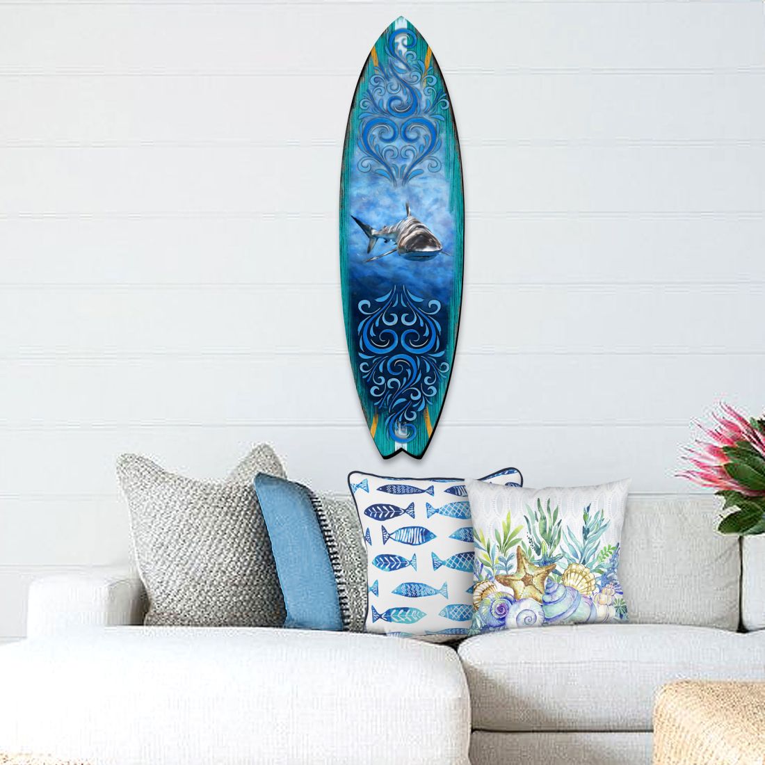 Shark Surfboard Coastal Door Art by G. DeBrekht - Coastal Sea-Life Decor - 8490104HS
