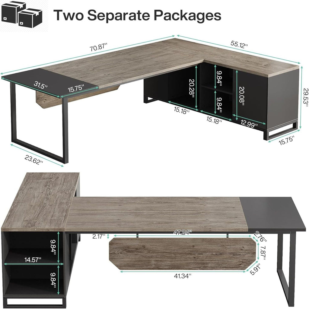 L-Shaped Executive Desk With File Cabinet, Computer Workstation With Storage