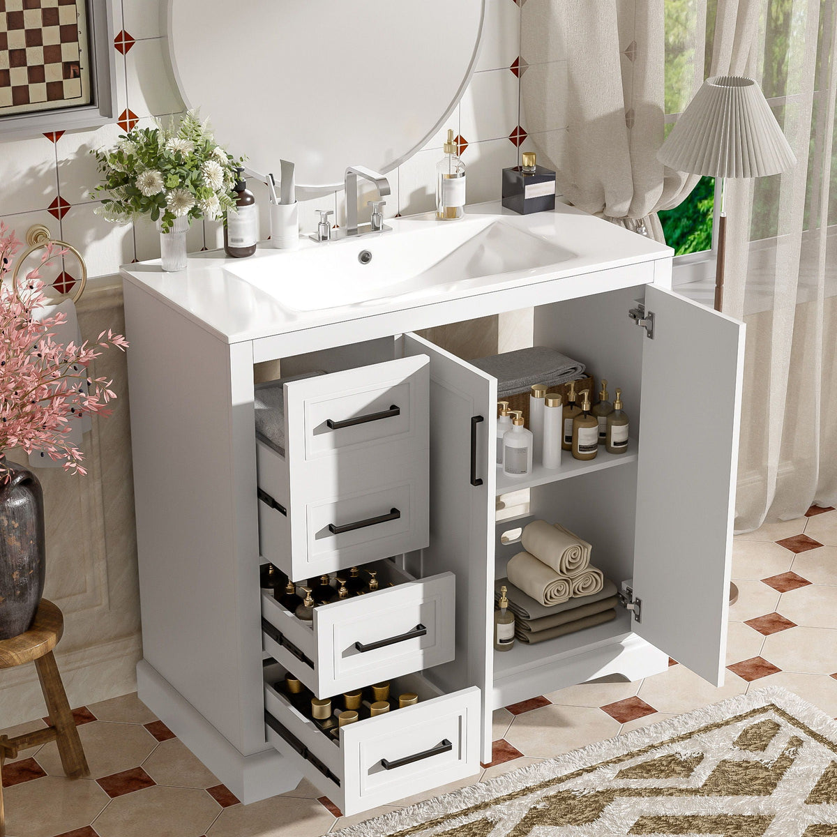 Bathroom Vanity With Sink, Soft Close Doors, Adjustable Shelf & 3 Drawers