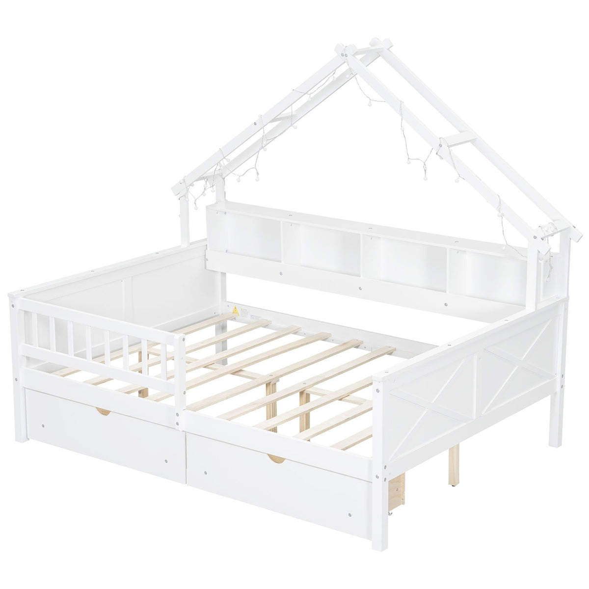 House Style Platform Bed With LED Lights, Storage Shelves, Drawers, And Guardrail