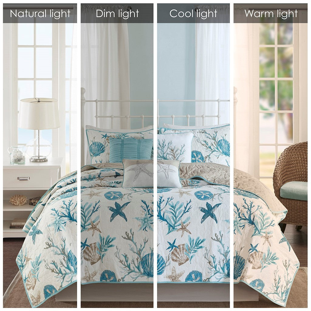 6 Piece Cotton Sateen Quilt Set with Throw Pillows Aqua Full/Queen