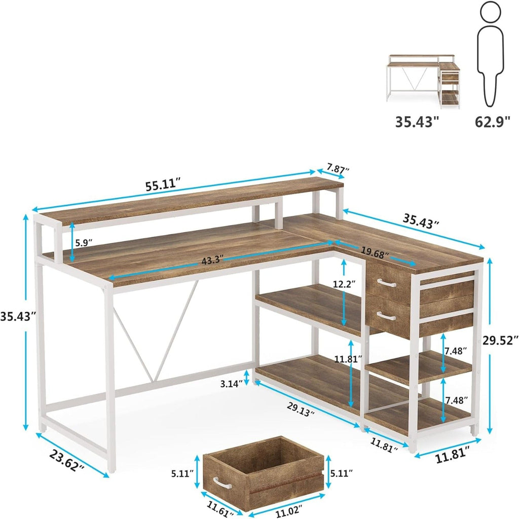 L-Shaped Home Office Desk With Monitor Riser, Drawers, And Storage Shelves