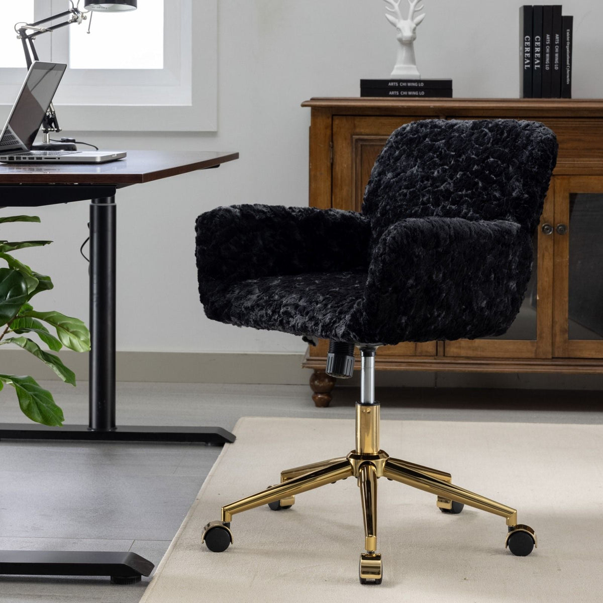 Office Chair, Artificial Rabbit Hair Home Office Chair With Metal Base, Adjustable Desk Chair Swivel Office Chair, Vanity Chair