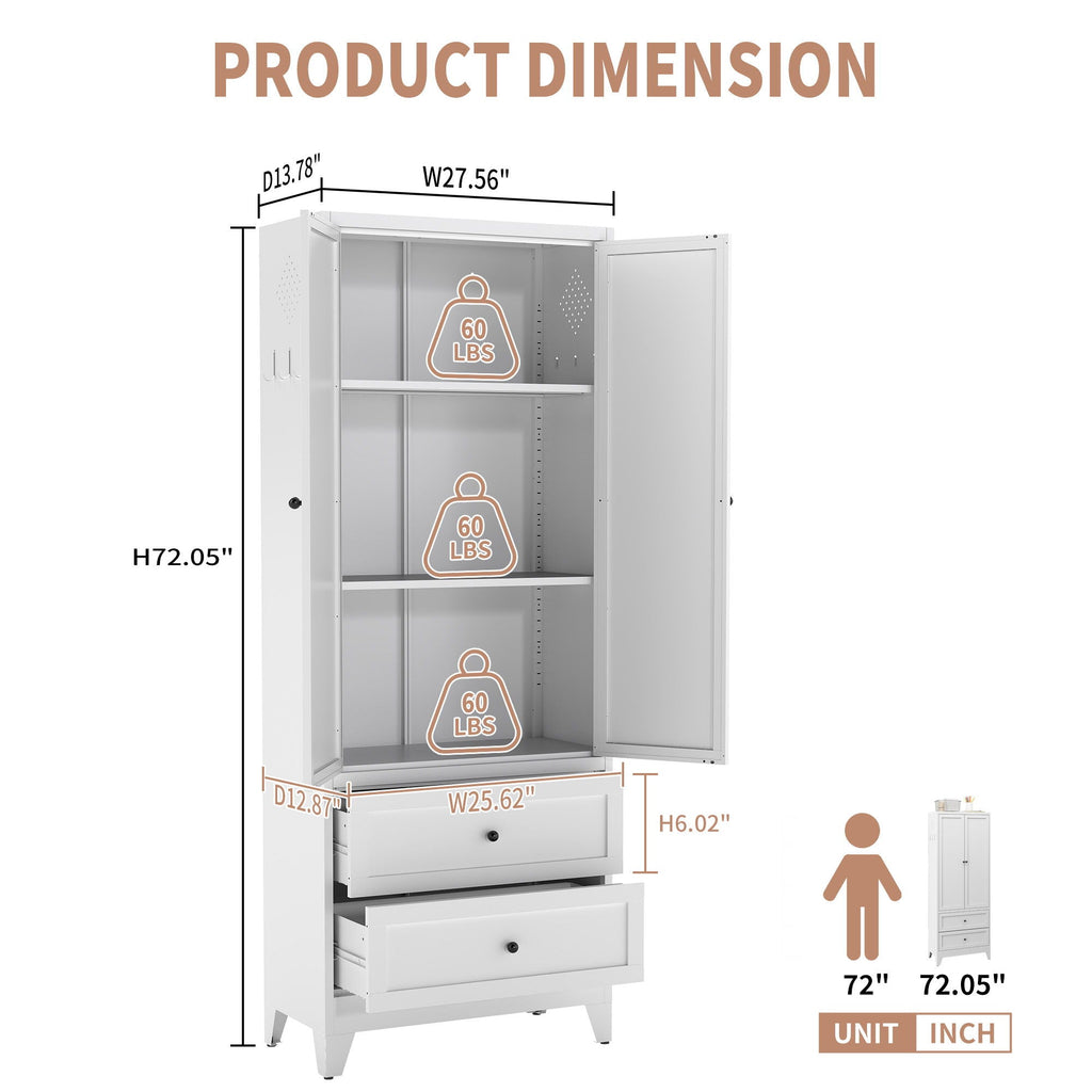 Pantry Cabinet With 2 Drawers, Freestanding Kitchen Storage Cabinet With Adjustable Shelves, Heavy-Duty Organizer For Spices, Dishware, Small Appliances - White
