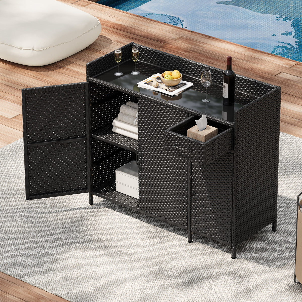 K&K 47.5"W Wicker Outdoor Storage Cabinet with Tempered Glass Top