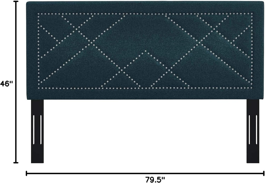 Reese Upholstered Nailhead Linen Fabric Full / Queen Headboard Size in Azure