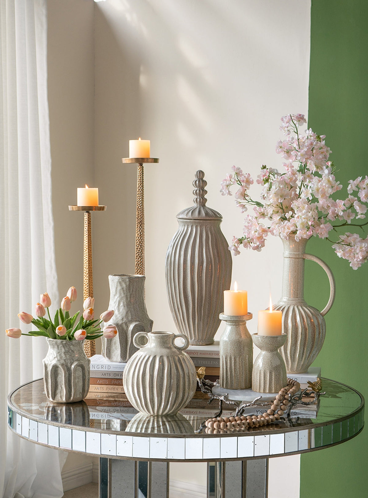 9x9x10' Decorative Round Ceramic Flower Vase with Small Handles and Textured Motif, Gold