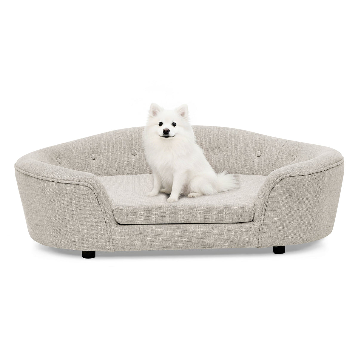 OVERSIZED Size Oval Semi-Enclosed Dog Sofa - Durable Linen Material, Button-Tufted Backrest, High-Center Low-Sides Support & Plush Comfort-Beige