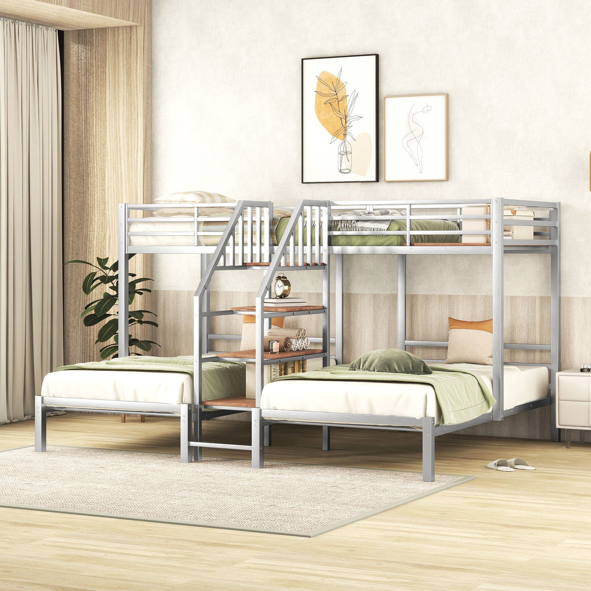 Metal Bunk Bed With Storage Shelves Staircase