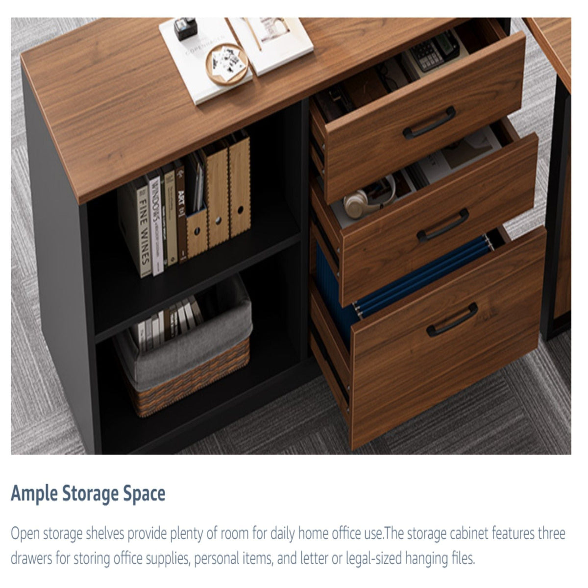 L-Shaped Executive Desk With File Cabinet, Office Computer Desk With Drawers & Open Shelves, Workstation For Home Office - Brown / Black