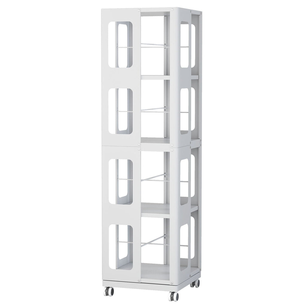 4 Tier All Steel Rotating Bookshelf With 360° Wheels, Large Size Sturdy & Spacious Book Rack, New Style Bookshelf - White