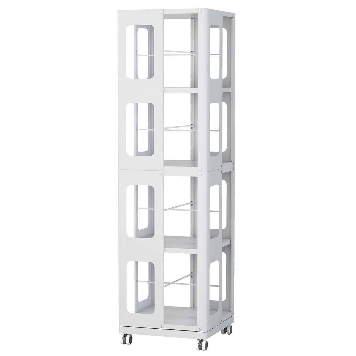 4 Tier All Steel Rotating Bookshelf With 360° Wheels, Large Size Sturdy & Spacious Book Rack, New Style Bookshelf - White