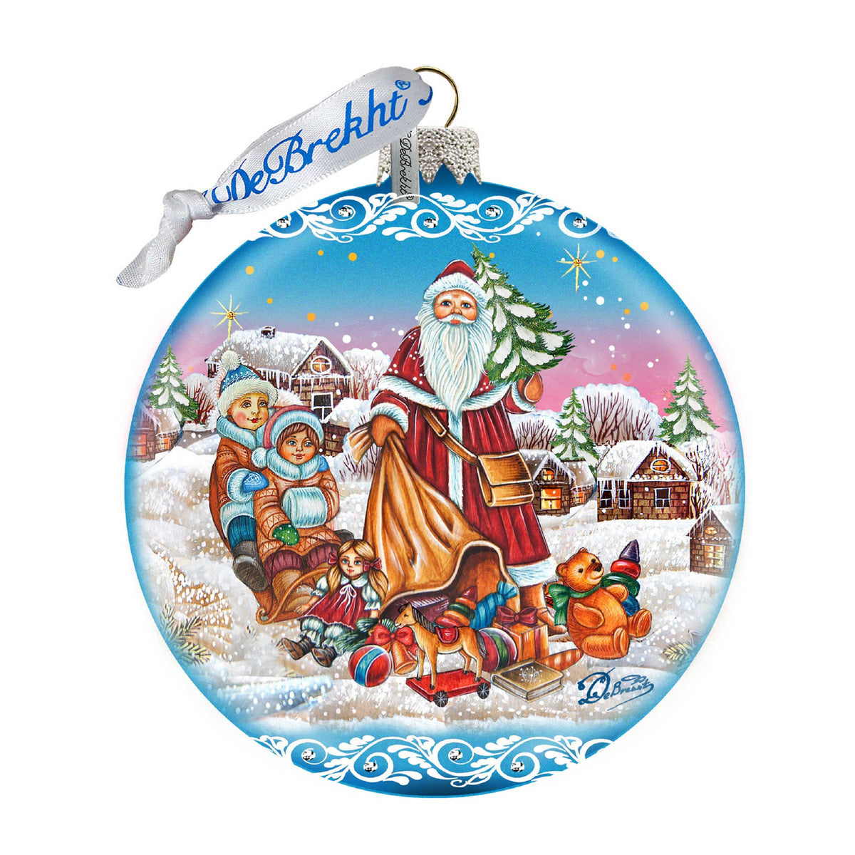 Santa Gift Giver Blue Ball Glass Ornament Limited Edition by G. DeBrekht - Christmas Santa Snowman Decor - 73874B