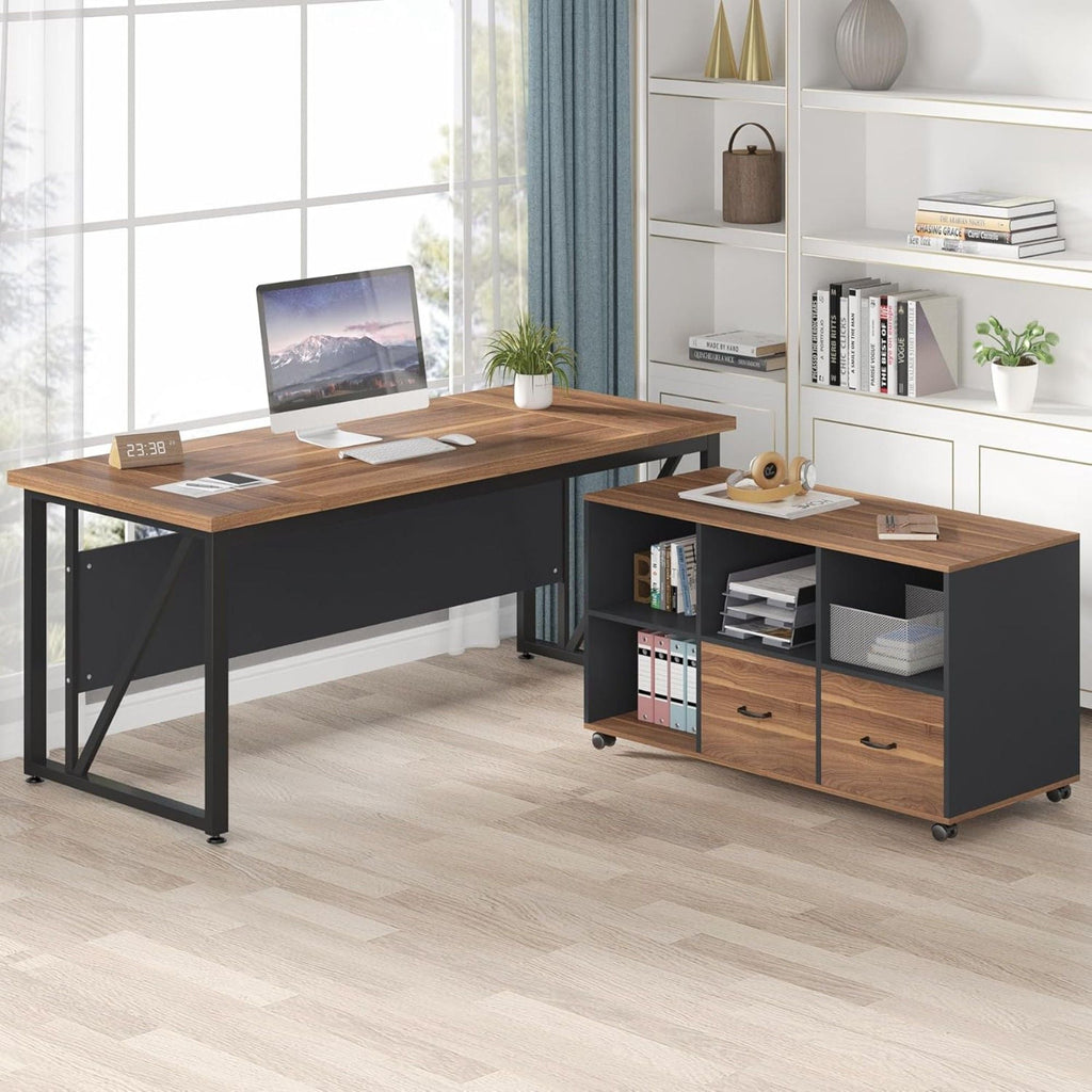 L-Shaped Executive Desk With Mobile File Cabinet, Large Home Office Workstation With Drawers And Shelves - Brown / Black