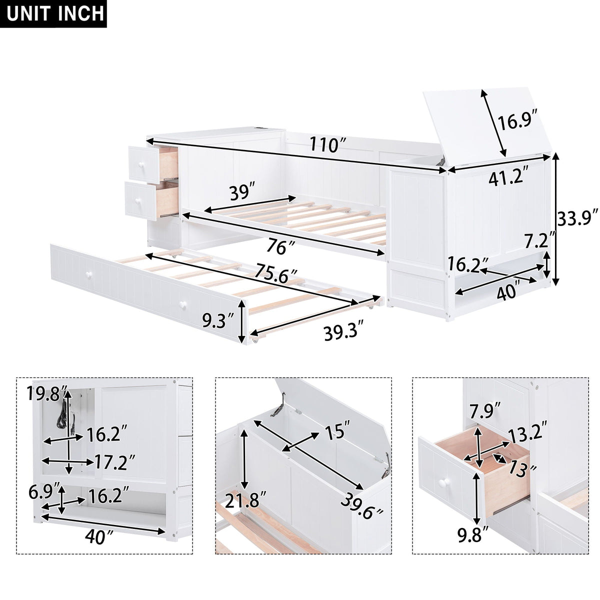 Daybed With Storage Arms, Trundle And Charging Station