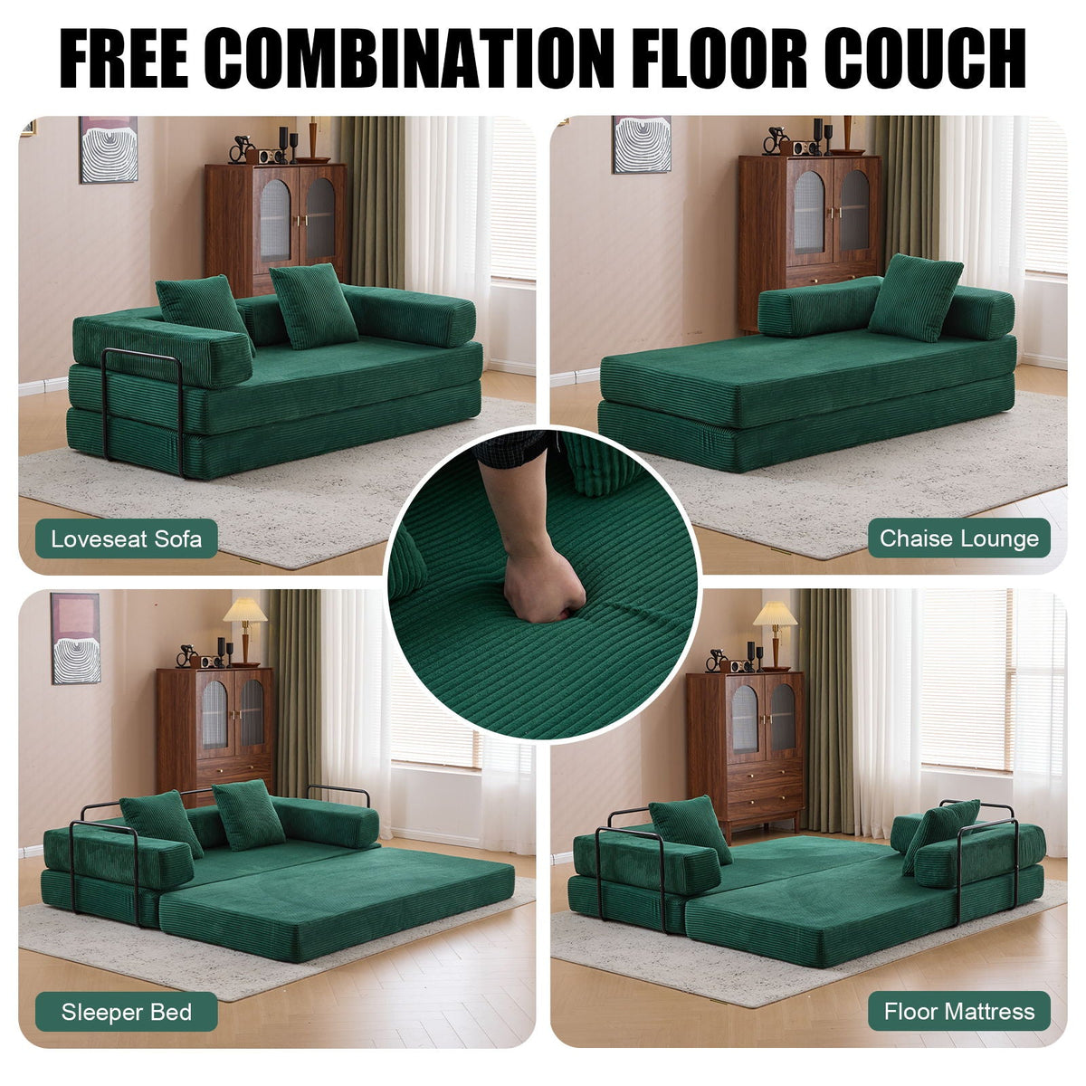 Floor Couch, Convertible Floor Sofa Bed With Pillow Back Support Armrest